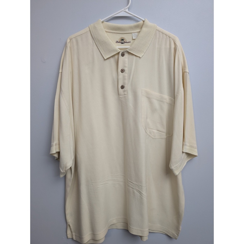 D3 Tommy Bahama Mens XXL Short Sleeve Polo Shirt 100% Silk Beige‎ Pocket